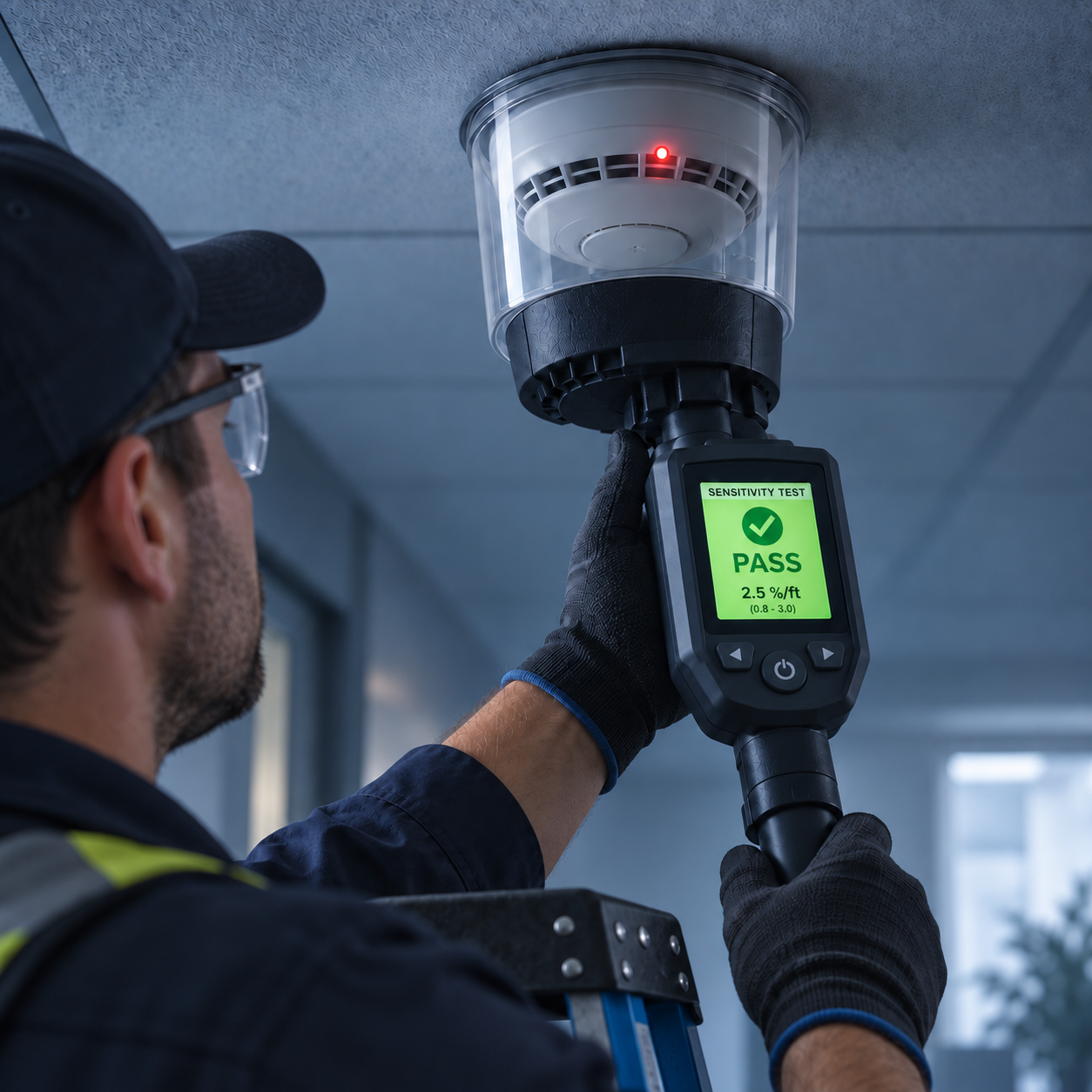 Technician using a calibrated sensitivity tester on a smoke detector, showing a pass reading